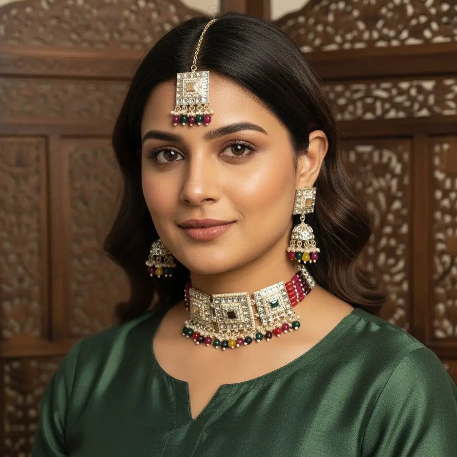 Kundan Choker Set – Multicolor Mughal Bridal Necklace with Maang Tikka - Iridescent Gems