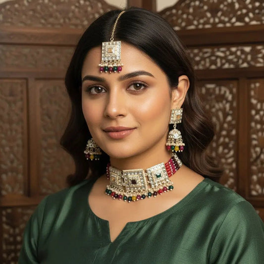 Kundan Choker Set – Multicolor Mughal Bridal Necklace with Maang Tikka - Iridescent Gems
