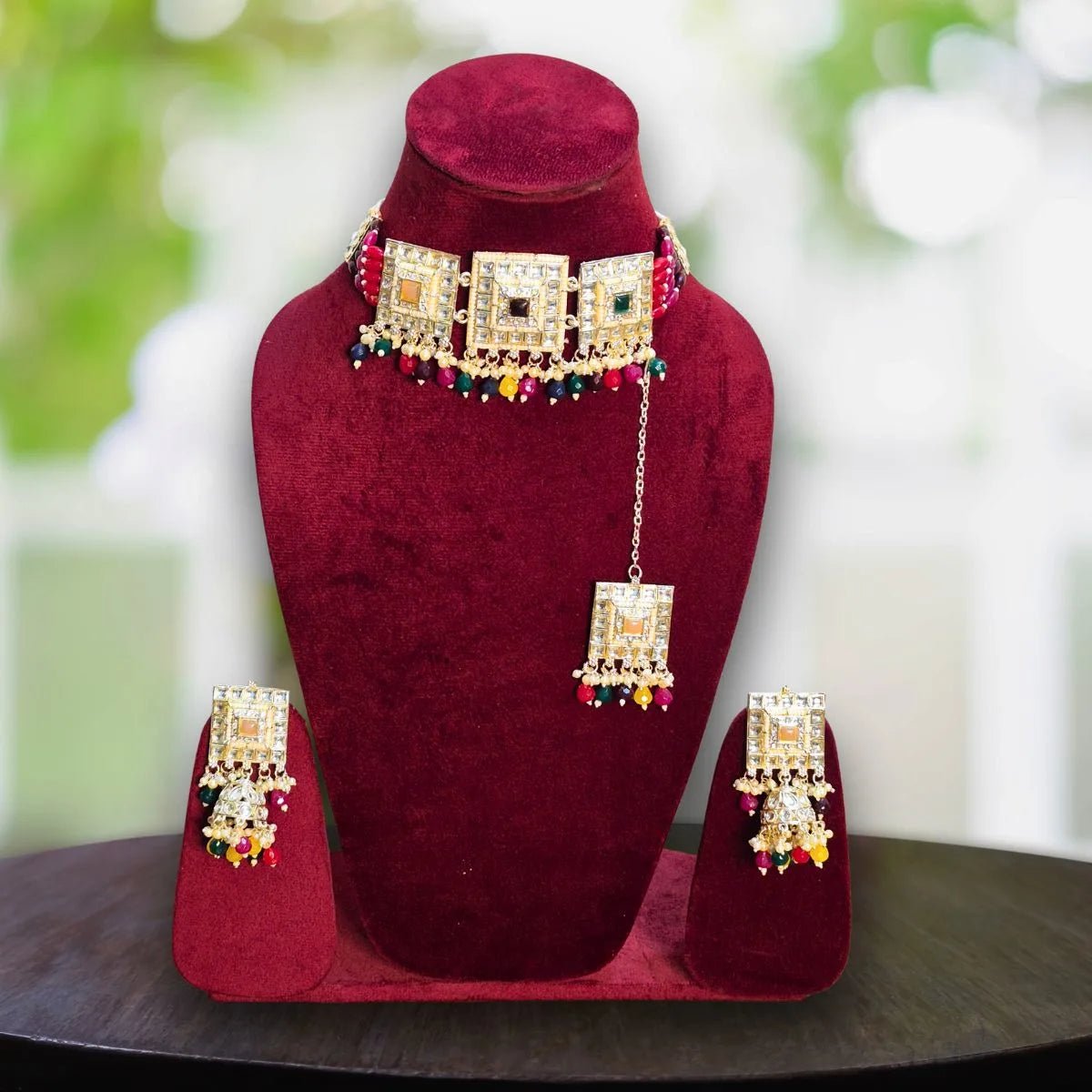 Kundan Choker Set – Multicolor Mughal Bridal Necklace with Maang Tikka - Iridescent Gems