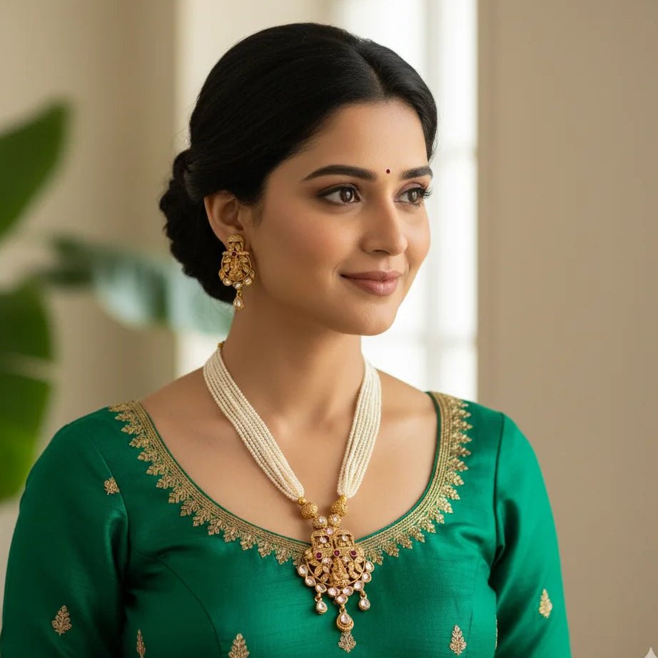 Kundan long Necklace Set with off white beads - Iridescent Gems