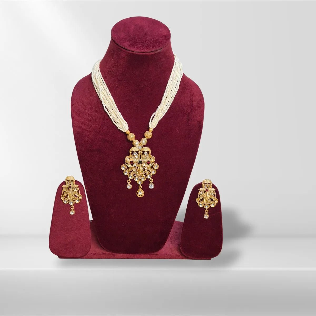 Kundan long Necklace Set with off white beads - Iridescent Gems