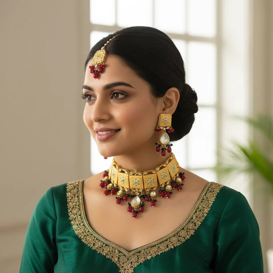 Kundan Meenakari Choker Necklace Set - Traditional Heavy Bridal Set - Iridescent Gems