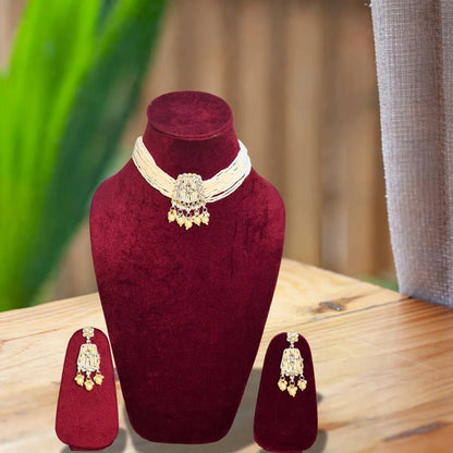 Kundan Necklace Set – Off - White Beads with Hand - Set Pendant - Iridescent Gems