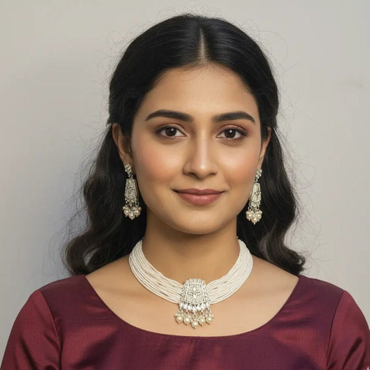 Kundan Necklace Set – Off - White Beads with Hand - Set Pendant - Iridescent Gems