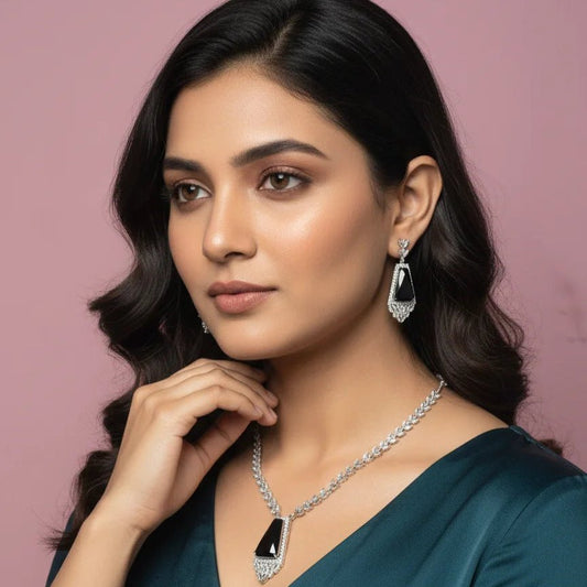 Necklace Set for Women – American Diamond Green Shield Triangle Leaf Chain - Iridescent Gems