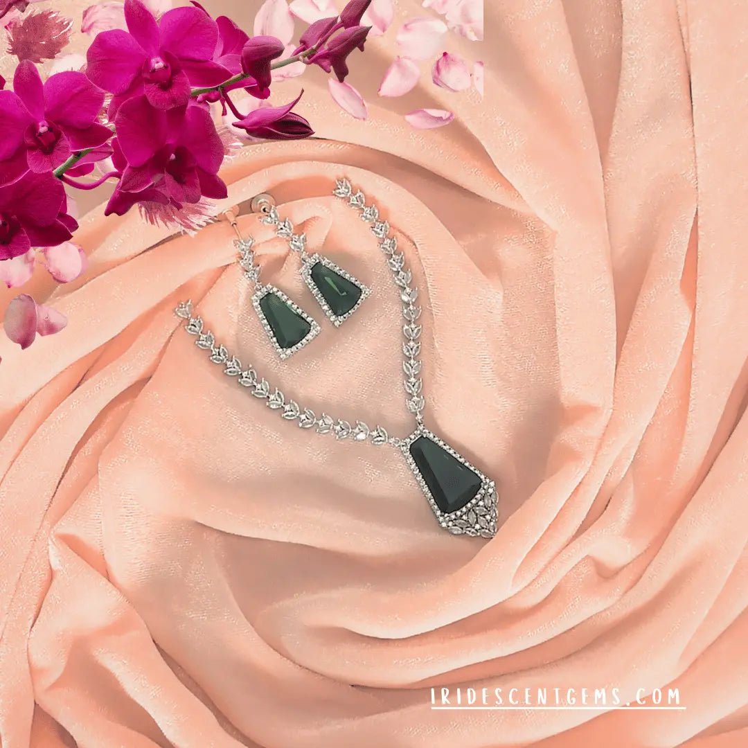 Necklace Set for Women – American Diamond Green Shield Triangle Leaf Chain - Iridescent Gems