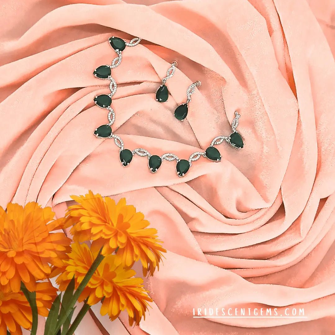 Necklace Set for Women – American Diamond Green Teardrop Design - Iridescent Gems