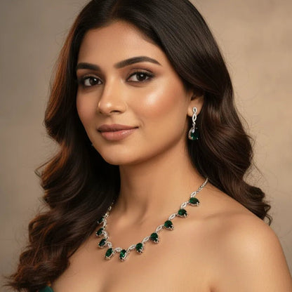 Necklace Set for Women – American Diamond Green Teardrop Design - Iridescent Gems