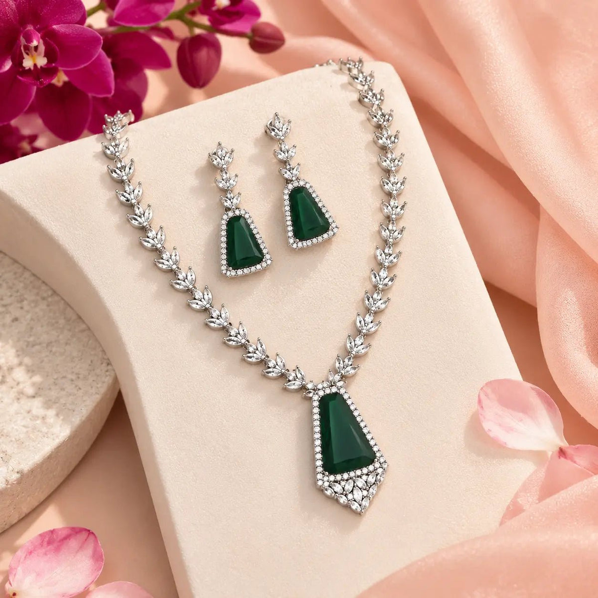 Necklace Set for Women – Green Shield-Cut American Diamond - Iridescent Gems