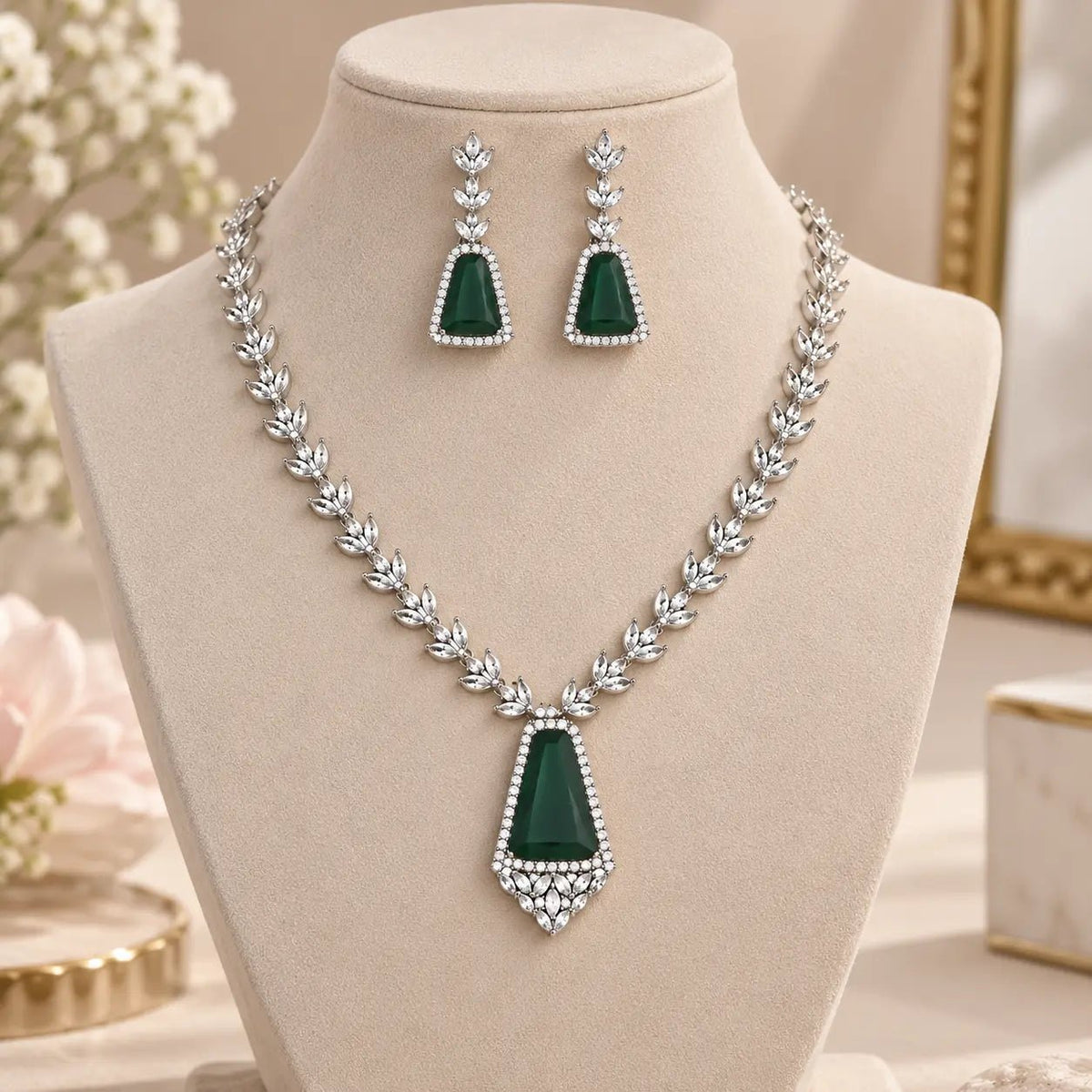 Necklace Set for Women – Green Shield-Cut American Diamond - Iridescent Gems