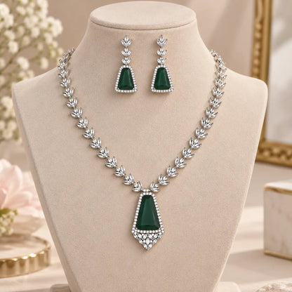Necklace Set for Women – Green Shield-Cut American Diamond - Iridescent Gems