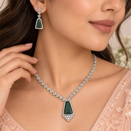 Necklace Set for Women – Green Shield-Cut American Diamond - Iridescent Gems