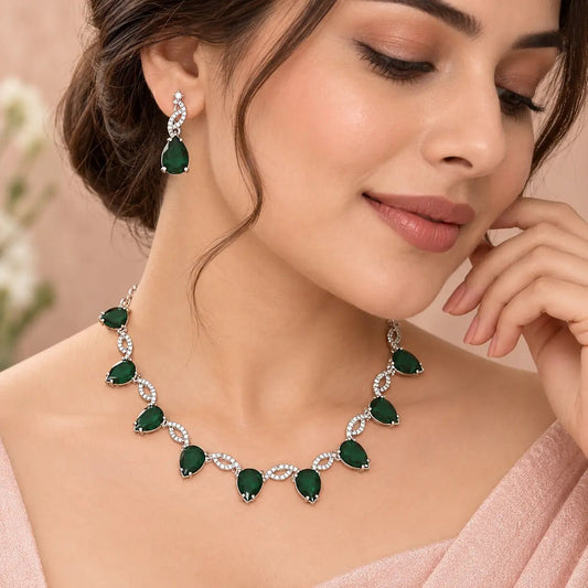 Necklace Set for Women – Green Teardrop American Diamond - Iridescent Gems