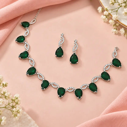 Necklace Set for Women – Green Teardrop American Diamond - Iridescent Gems