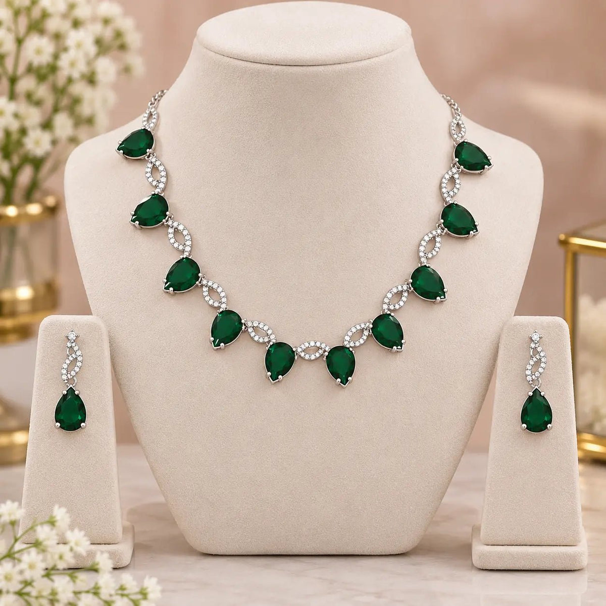 Necklace Set for Women – Green Teardrop American Diamond - Iridescent Gems