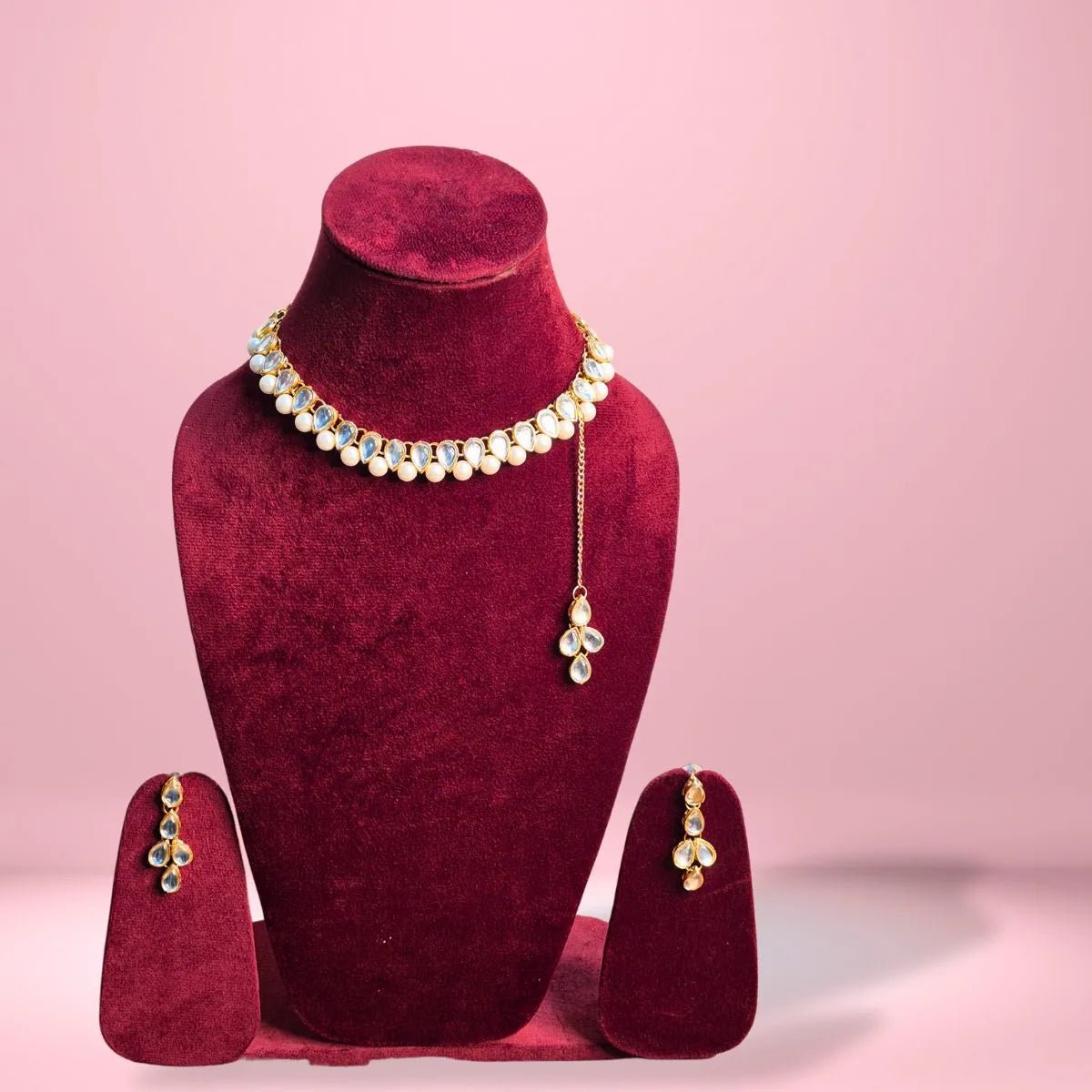 Pearl Kundan Choker Set – White Pearl and Clear Stone Necklace with Maang Tikka - Iridescent Gems