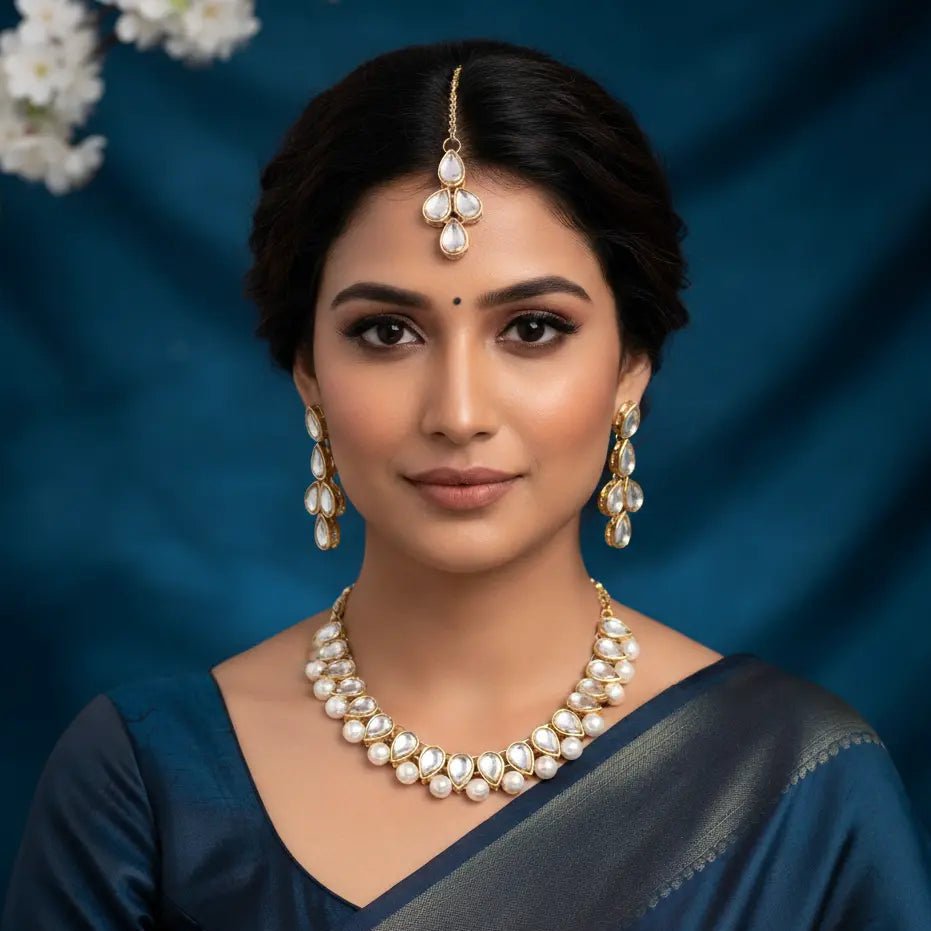Pearl Kundan Choker Set – White Pearl and Clear Stone Necklace with Maang Tikka - Iridescent Gems