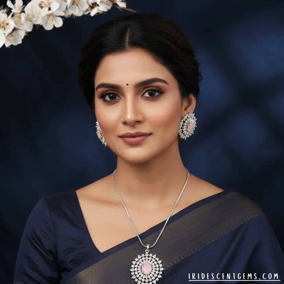 Pendant Set for Women – American Diamond Starburst Pink Center Design - Iridescent Gems