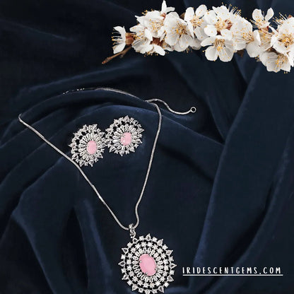 Pendant Set for Women – American Diamond Starburst Pink Center Design - Iridescent Gems
