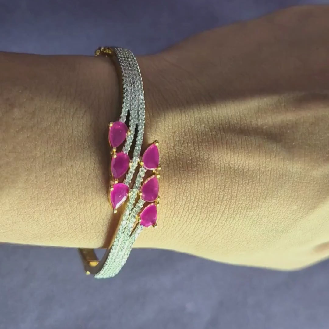 Gold plated bracelet for women on wrist, AD pink stone, fixed size bangle, comfortable fit