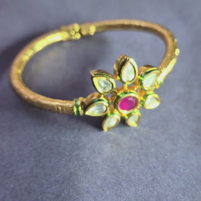 Cuff style bracelet with hand-set Kundan stones, adjustable, wedding jewelry