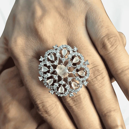 Ring for Women – American Diamond Floral Statement Adjustable - Iridescent Gems
