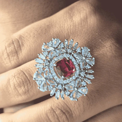 Statement Ring for Women – American Diamond Red Center Starburst Adjustable - Iridescent Gems