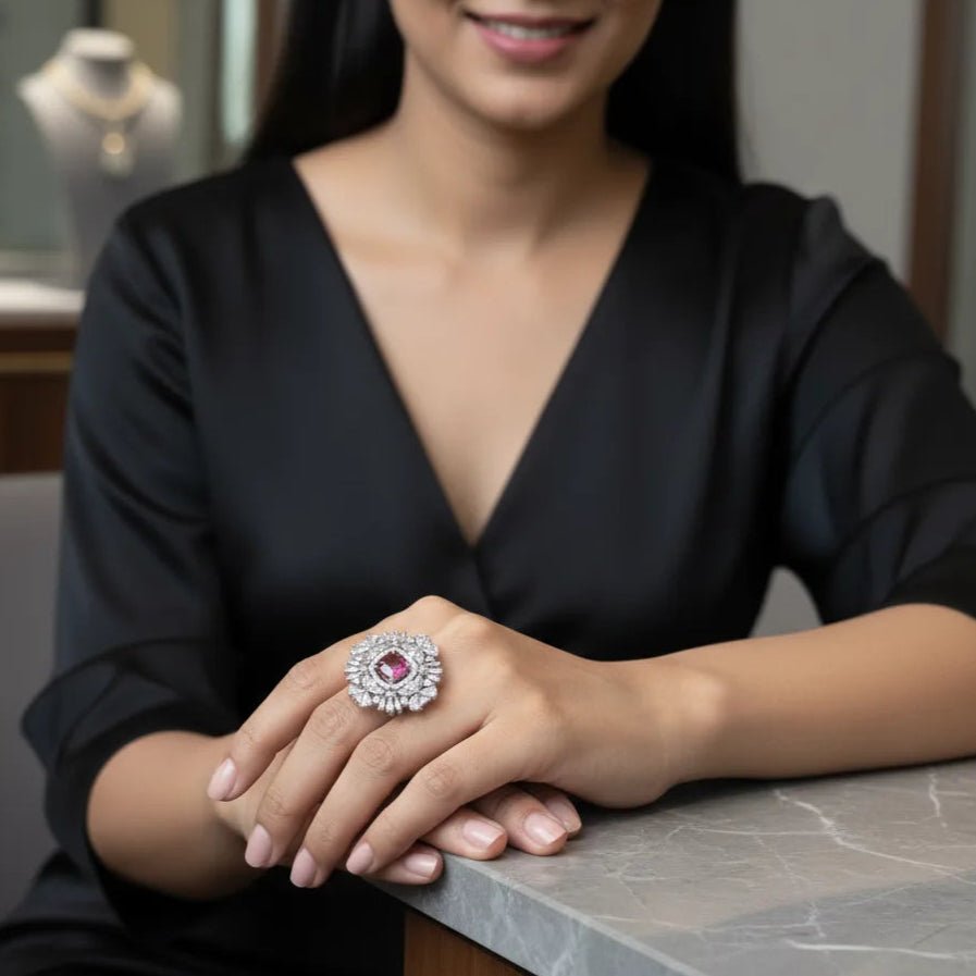 Statement Ring for Women – American Diamond Red Center Starburst Adjustable - Iridescent Gems