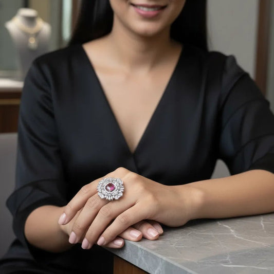 Statement Ring for Women – American Diamond Red Center Starburst Adjustable - Iridescent Gems