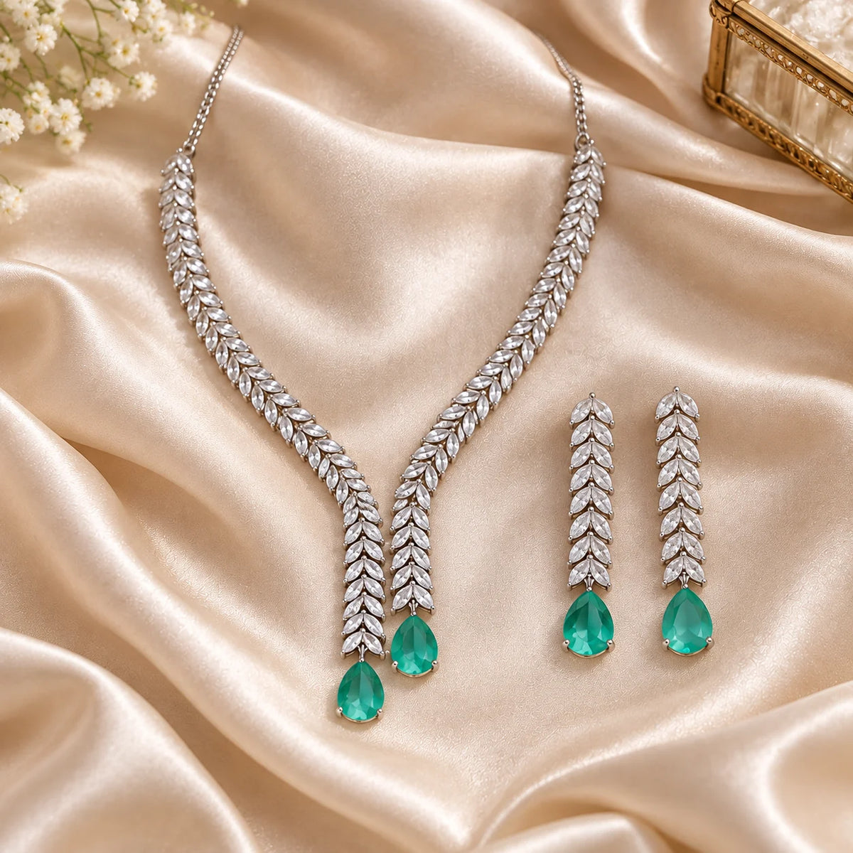 Teal green bridal necklace set with leaf design earrings and maang tikka