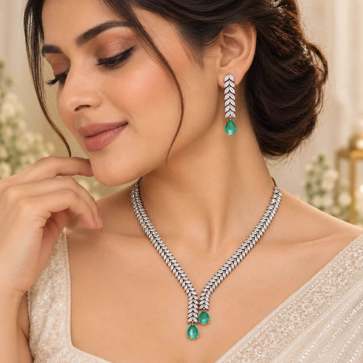 Teal green leaf vine bridal necklace set with American diamond stones