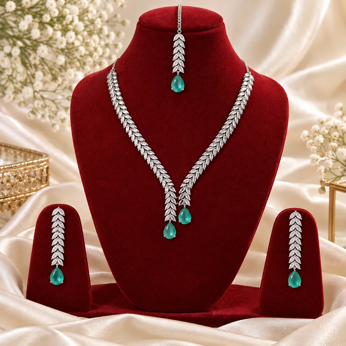 Teal green leaf vine necklace with matching push-back earrings
