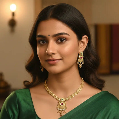 Temple Jewelry Set – South Indian Lakshmi Necklace with Kemp Stones - Iridescent Gems