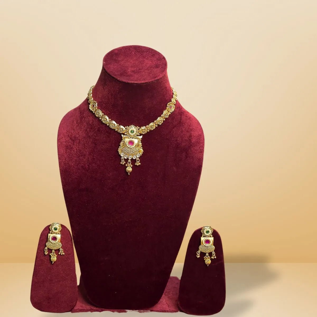 Temple Jewelry Set – South Indian Lakshmi Necklace with Kemp Stones - Iridescent Gems