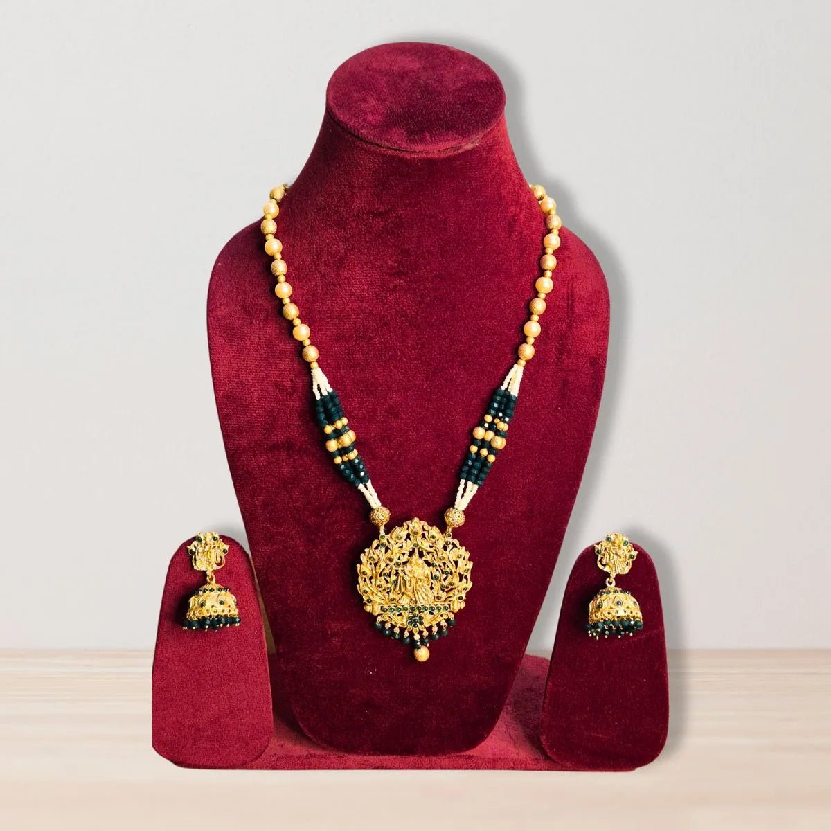 Temple Long Necklace Set - Traditional Radhe Krishna Temple Jewelry - Iridescent Gems