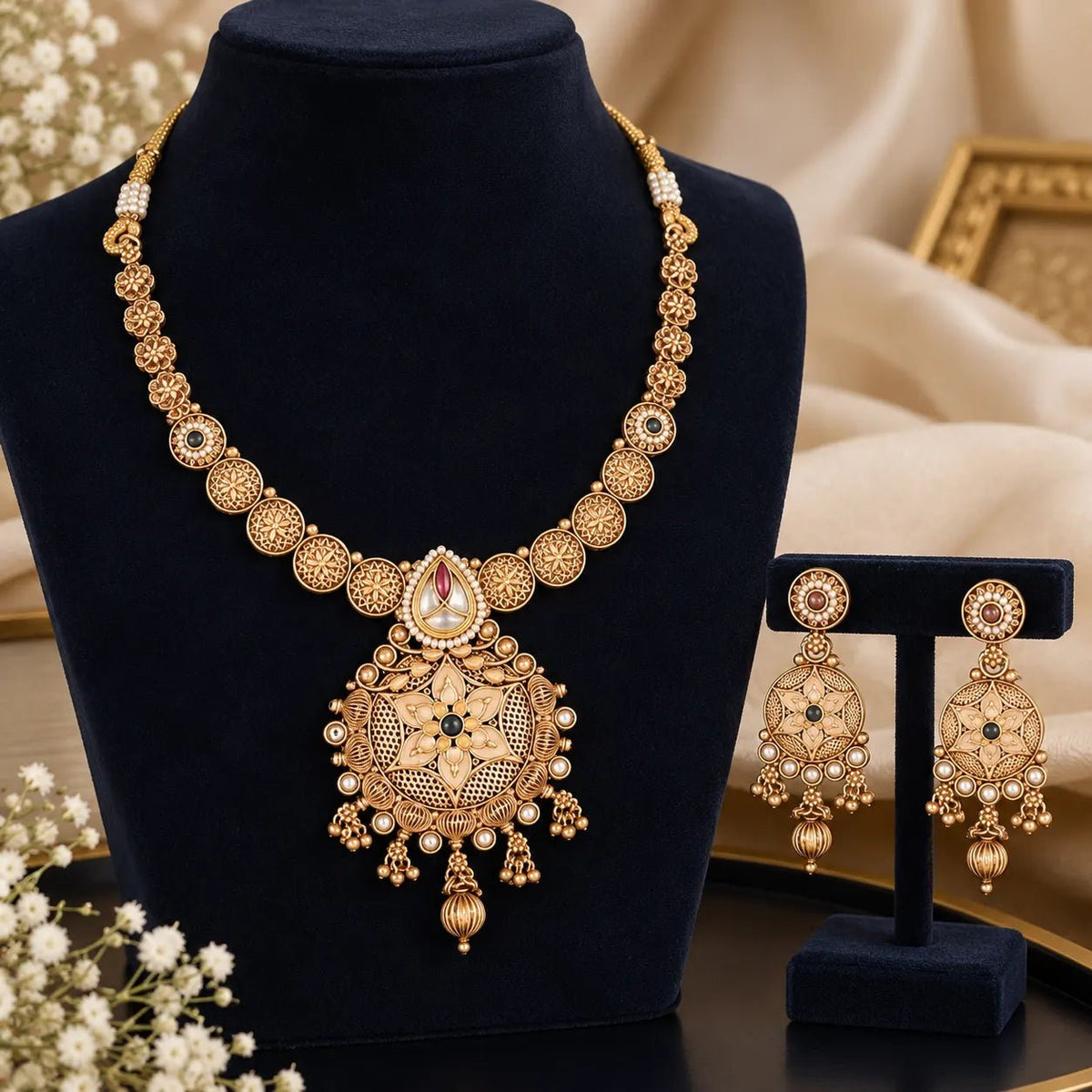 Traditional Jewellery Set – Antique Gold Filigree - Iridescent Gems