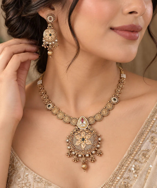 Traditional Jewellery Set – Antique Gold Filigree - Iridescent Gems