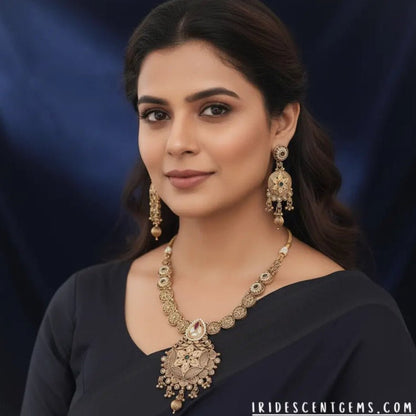 Traditional Jewelry Set – Antique Gold Filigree Necklace with Temple Style Earrings - Iridescent Gems